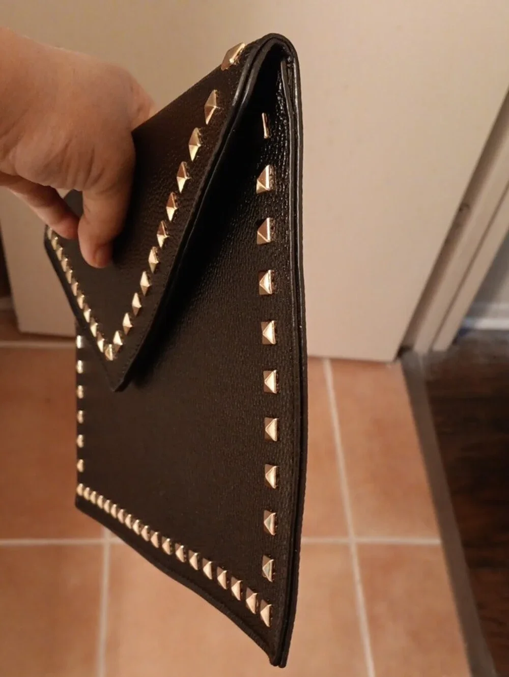Black Stud-Trim Leather Envelope Clutch
